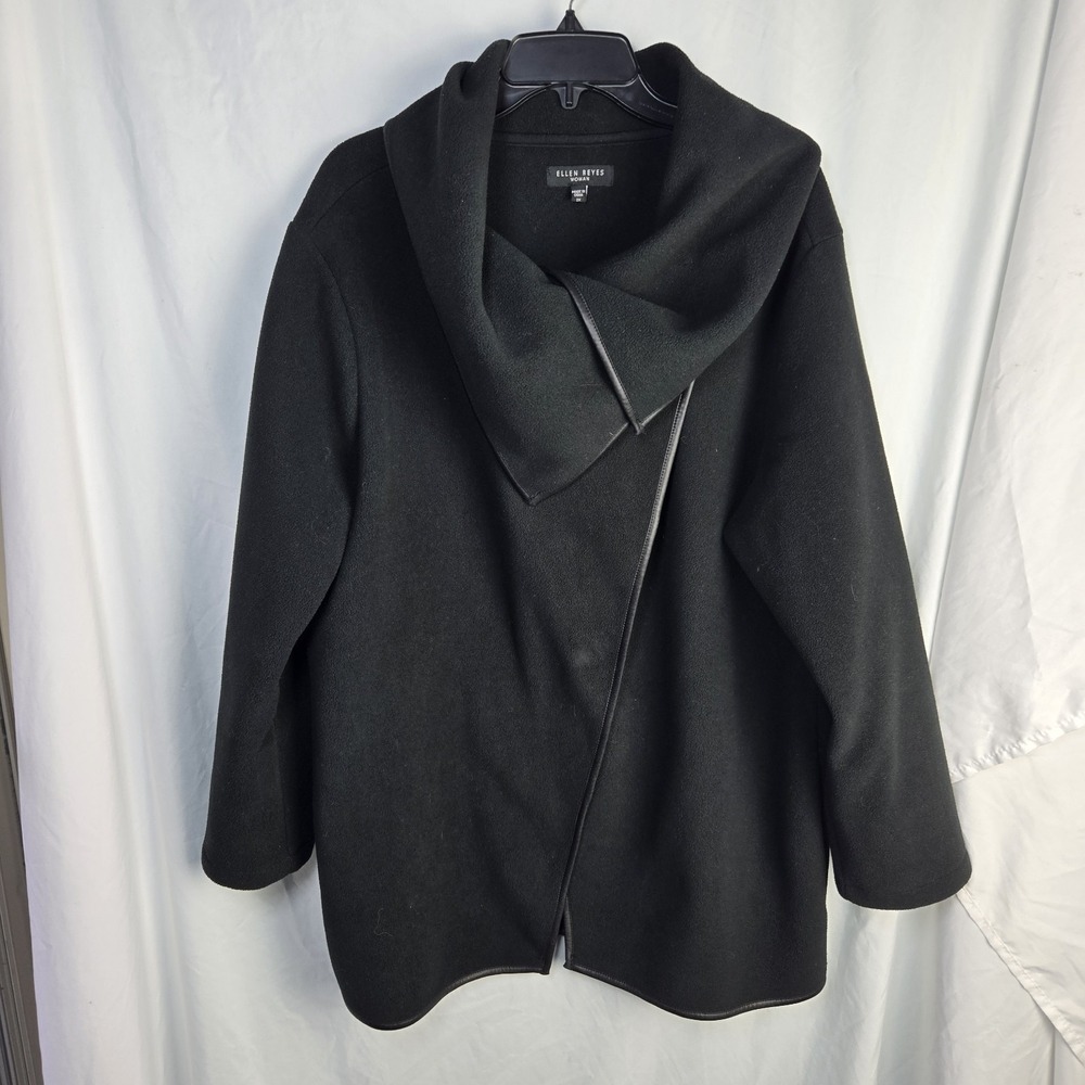 Ellen Reyes Fleece Wrap Coat Womens 2X Asymmetrical Collar Black Neutral Cozy